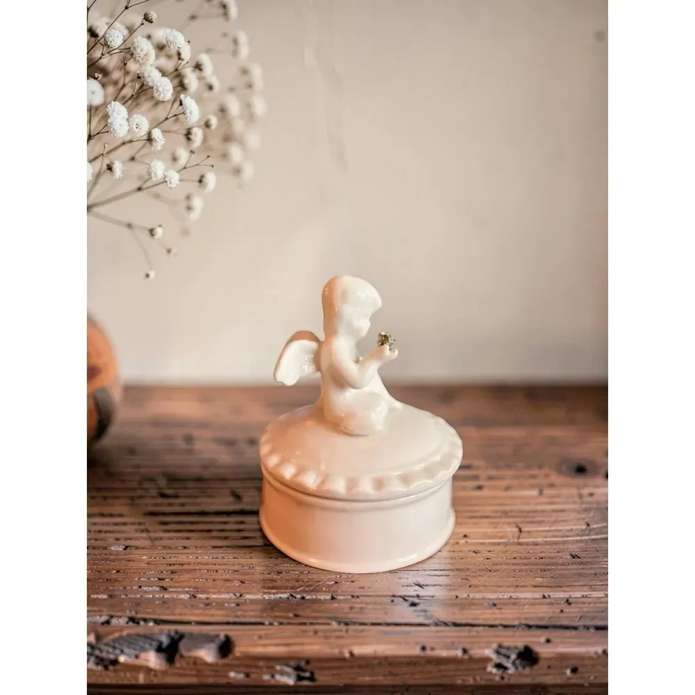 Vintage White Porcelain Cherub Trinket Box | Angel Jewelry Box/Rhinestone Flower